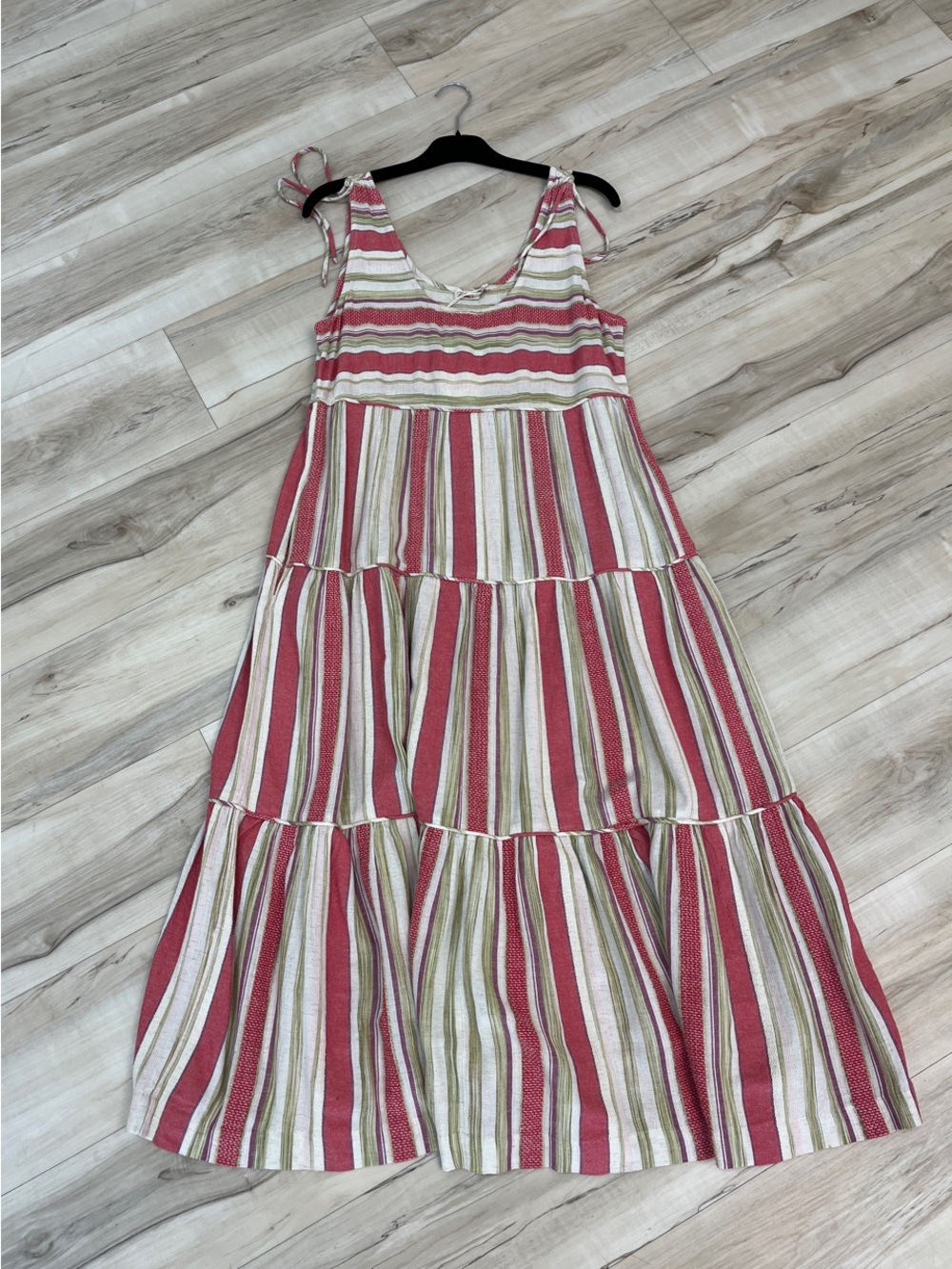 Faherty Pink, Cream & Olive Striped Tiered Sundress